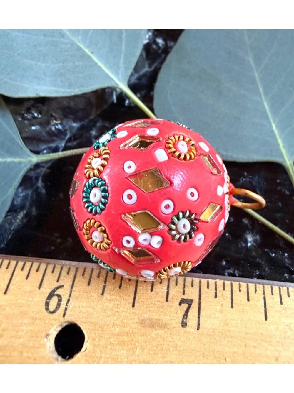 Handcrafted Red Ornament - Golden Mirror Accents & Floral Details – 1" Diameter